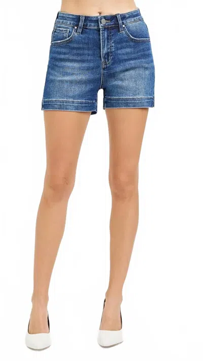 Risen High Rise Side Slit Shorts In Dark Wash In Blue