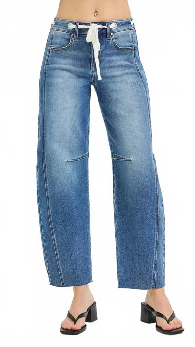 Risen High Rise Slouchy Barrel Jeans With Drawstring And Eyelet In Blue