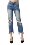 Risen High Rise Ankle Wide Button Down Front Patch Pocket Cuff Jean In Denim