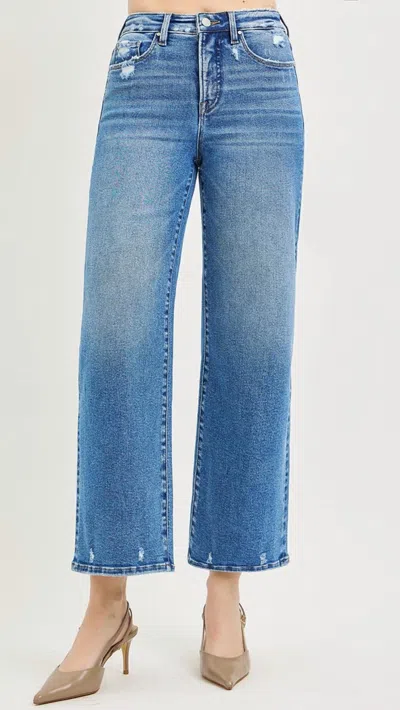 Risen High Rise Tummy Control Crop Wide Leg Jeans In Medium Wash In Blue