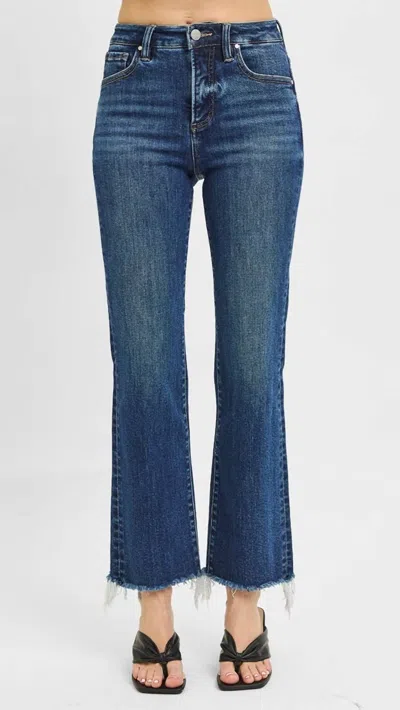 Risen High Rise Tummy Control Frayed Straight Jeans In Dark Wash In Blue