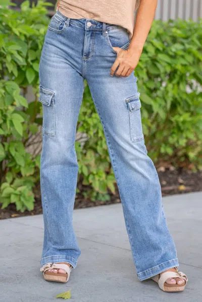 Risen High Rise Wide Cargo Jeans In Medium Blue
