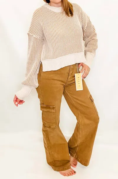 Risen High Rise Wide Cargo Pocket Jeans In Mocha In Gold