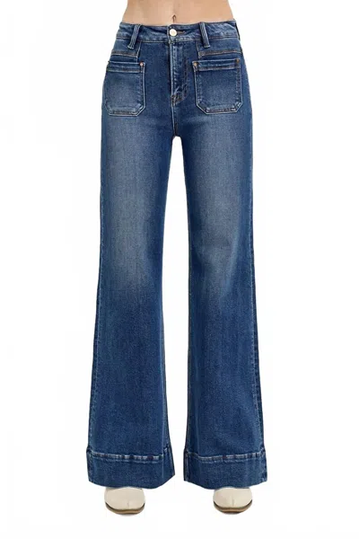 Risen High Rise Wide Flare Jeans In Dark Denim In Blue