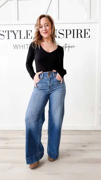 Risen High Rise Wide Hem Jeans In Dark In Multi