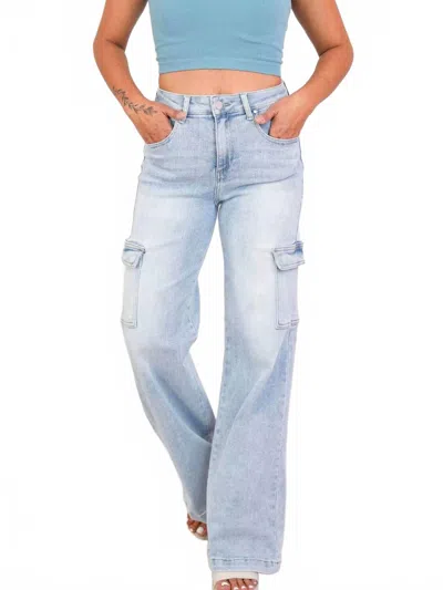 Risen High Rise Wide Leg Cargo Jeans In Light Wash In Blue