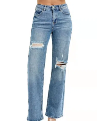 Risen High Rise Wide Leg Distressed Jeans In Blue