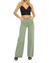 Risen High Rise Wide Leg Frayed Hem Pants In Olive In Green