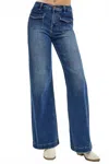 Risen High Rise Wide Leg Front Patch Pocket Jeans In Dark Denim In Blue
