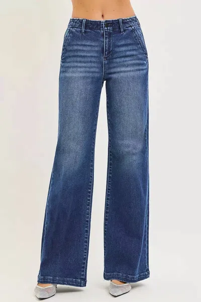 Risen High Rise Wide Leg Slanted Pocket Jeans In Dark In Blue