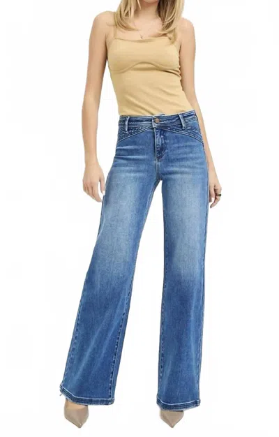Risen High Rise Wide Leg Waist Detail Jeans In Dark In Blue