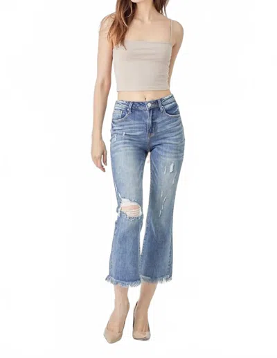 Risen High Waist Distressed Cropped Bootcut Jeans In Dark In Blue