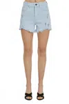Risen High Waist Distressed Light Denim Shorts In Ice Blue In Blue