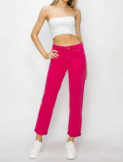 Risen High Waist Rolled Hem Straight Jeans In Fuchsia In Pink
