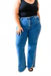 Risen High Waist Split Hem Straight Leg Jeans - Plus In Blue In Blue