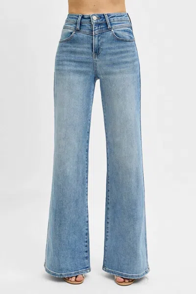 Risen High Waist Wide Front Yoke Detailed Jeans In Medium Blue