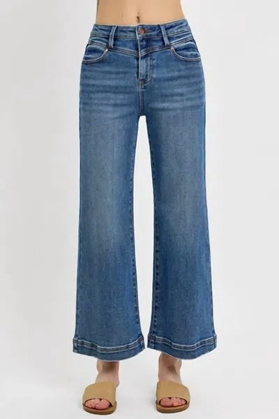 Risen High Waist Wide Leg Front Yoke Jeans In Medium In Blue