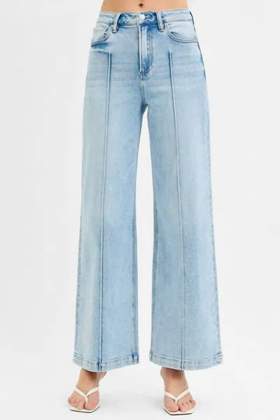 Risen High Waist Wide Leg Pintuck Jeans In Light Denim In Blue