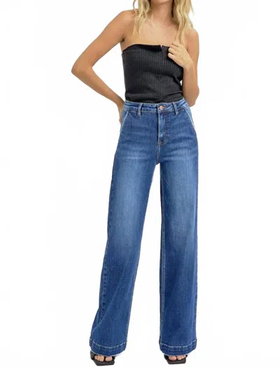Risen High-rise Wide-leg Slanted Pocket Western Jeans In Dark Wash In Blue