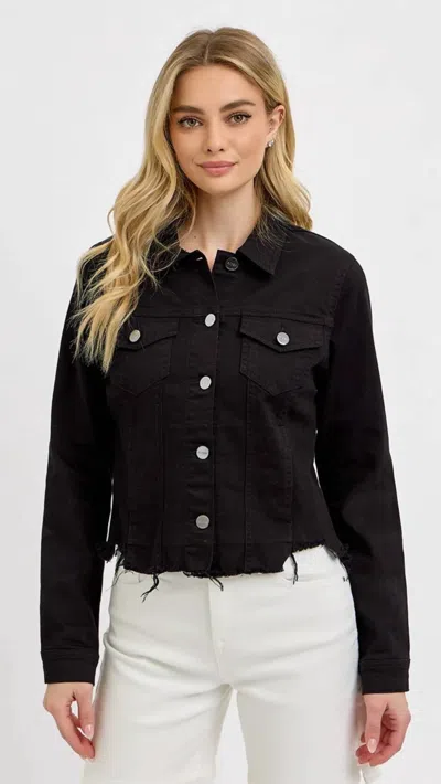 Risen Irregular Frayed Hem Denim Jacket In Black