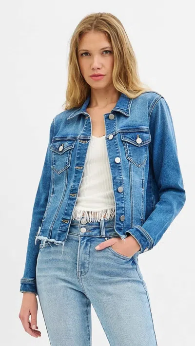 Risen Irregular Frayed Hem Jean Jacket In Medium Wash In Blue