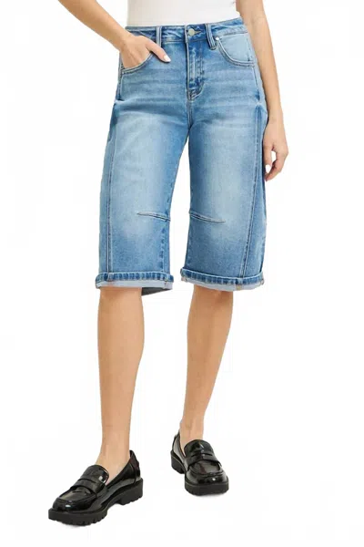 Risen Jojo Mid Rise Barrel Long Cuffed Shorts In Blue