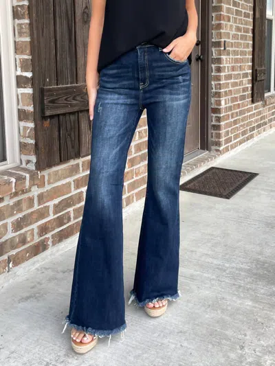 Risen Jonie High Rise Frayed Hem Flare Jean In Dark Wash In Blue