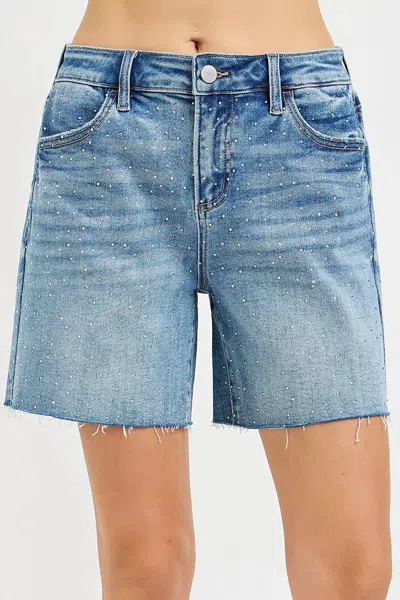 Risen Justine Rhinestone Mid Length Jean Shorts In Denim In Blue