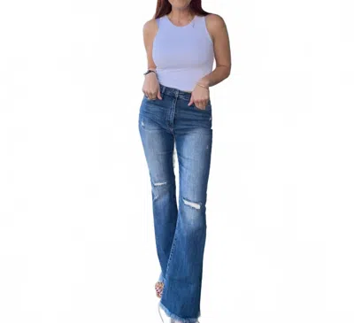 Risen Kari Distressed Flare Jeans In Medium Wash In Blue