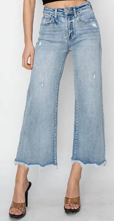 Risen Ladies' High Rise Crop Wide Fray Hem Jeans In Light Blue