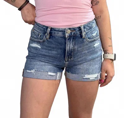 Risen Lauren Mid Rise Cuffed Distressed Denim Shorts In Medium Wash In Blue