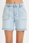 Risen Light Curvy High Rise Patch Pocket Cuffed Relaxed Shorts In Blue In Blue