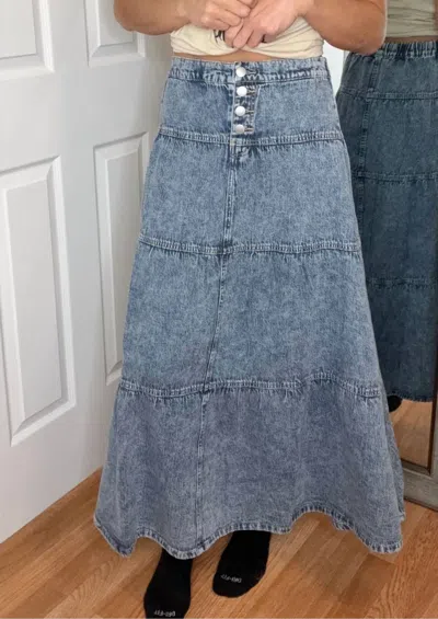Risen Lilly Denim Tiered Maxi Skirt In Blue