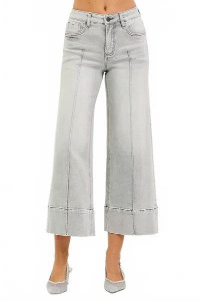 Risen Lizzy Mid Rise Wide Pintuck Denim Pants In Light Grey In Gray