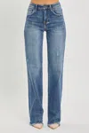 Risen High Rise Long Straight Jeans In Dark Denim In Blue