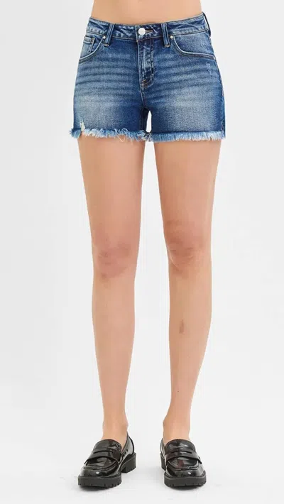Risen Low Rise Frayed Hem Shorts In Dark Wash In Blue