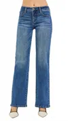 Risen Low Rise Tummy Control Full Length Bootcut Jeans In Medium Wash In Blue
