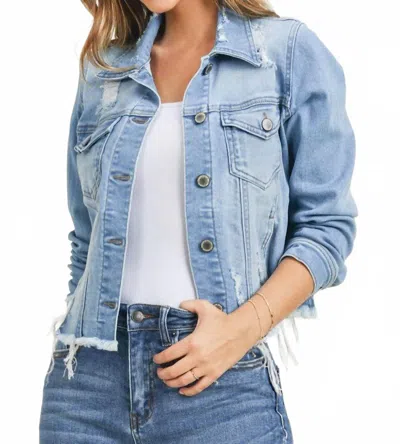 Risen Maylynn Distressed Frayed Hem Denim Jacket In Blue
