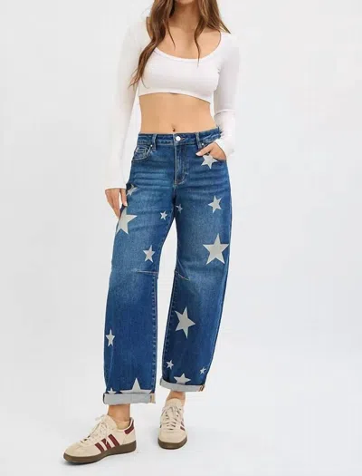 Risen Mid Rise Ankle Relaxed Barrel Star Jeans In Dark Blue