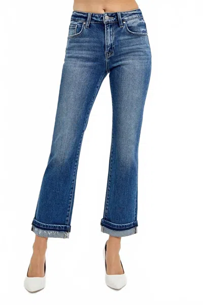 Risen Mid Rise Ankle Straight Cuffed Jeans In Medium Wash In Blue