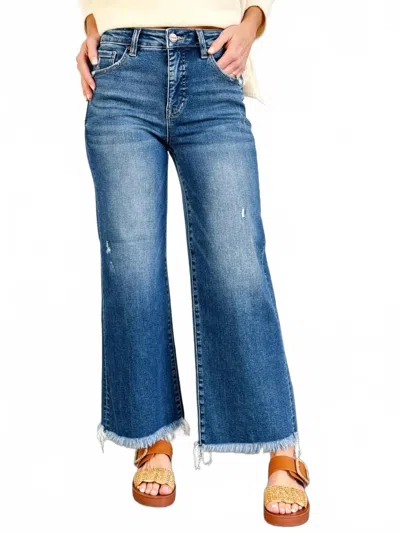 Risen Mid Rise Ankle Straight Fray Hem Jeans In Dark Wash In Blue