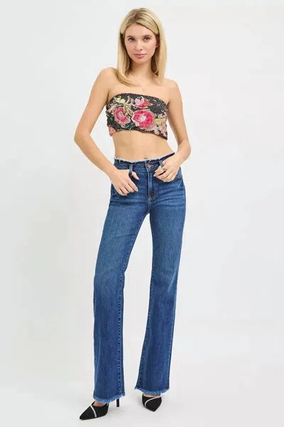 Risen Mid Rise Bootcut Frayed Waistband Hem Detail Jeans - Plus In Dark In Multi