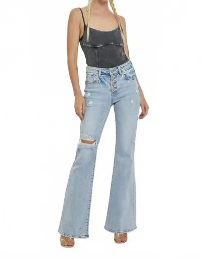 Risen Mid Rise Button Down Flare Jeans In Blue