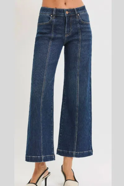 Risen Mid Rise Crop Wide Front Seamed Detailed Jeans In Dark Wash In Blue