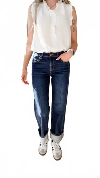 Risen Mid Rise Cuffed Straight Jeans In Indigo In Blue