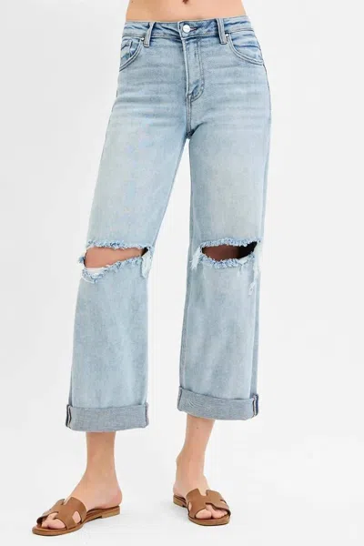 Risen Mid Rise Fit Boyfriend Jeans With Cuff In Light Wash In Blue
