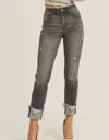 Risen Mid Rise Frayed Cuff Ankle Straight Jeans In Dark Grey In Gray