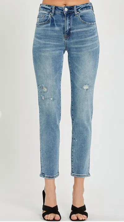 Risen Mid Rise Tapered Jeans In Medium Wash In Blue