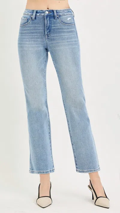 Risen Mid Rise Tummy Control Ankle Straight Jeans In Light Wash In Blue