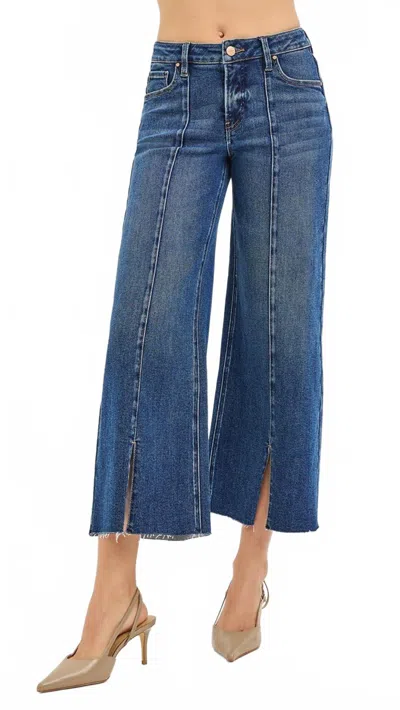 Risen Mid Rise Tummy Control Crop Wide Front Slit Jeans In Dark Wash In Blue